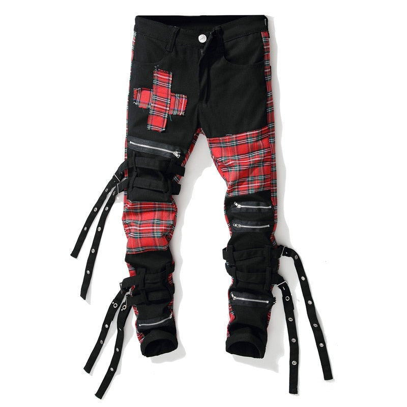 Men's Plaid Patchwork Skinny Jeans