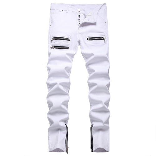 White Tri-Zipper Ripped Skinny Jeans